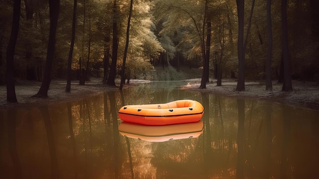 un radeau orange flottant dans une zone d'eau près des arbres dans le style beige clair et ambre foncé