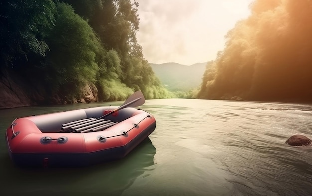 Un radeau rouge flotte sur une rivière avec une montagne en arrière-plan.