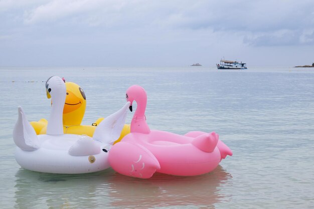 Photo des radeaux gonflables en forme d'oiseau en mer contre le ciel