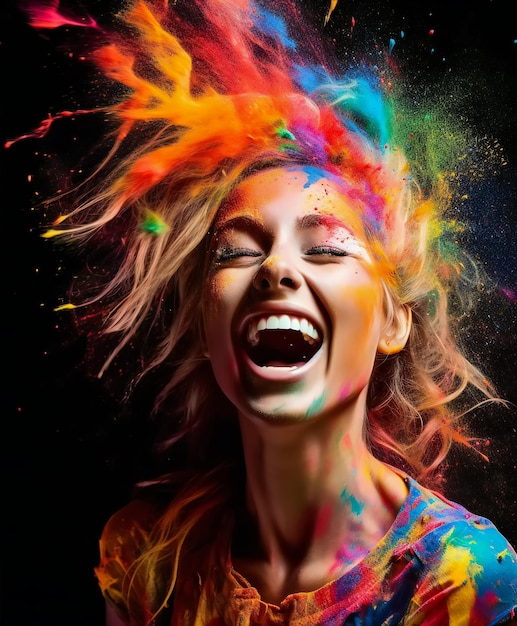 Radiant Bliss Woman Embracing a Color Explosion Exsuding Joy and Happiness