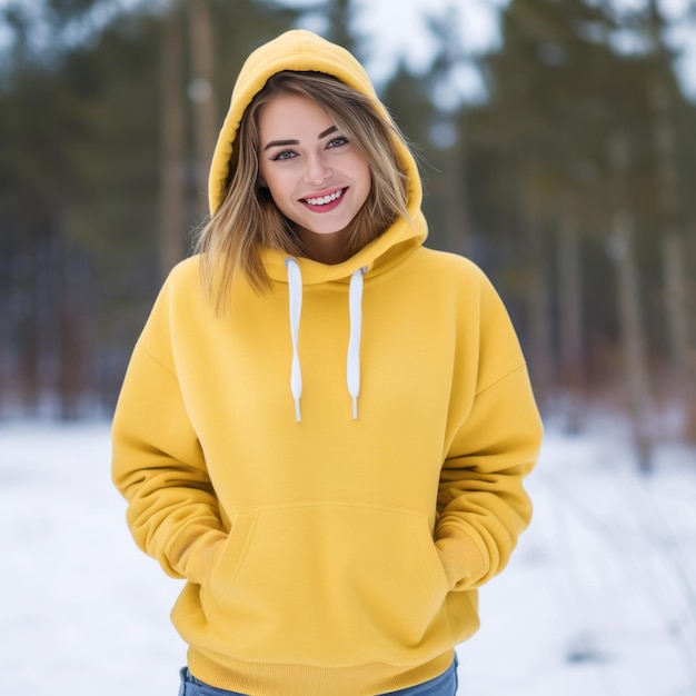 Radiant style d'hiver Une femme charmante dans une coiffure courte affichant une capuche jaune vide surdimensionnée