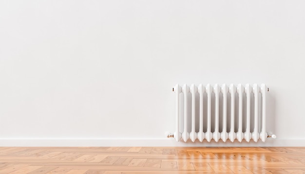 Radiateur de chauffage 3D sur mur blanc à la maison