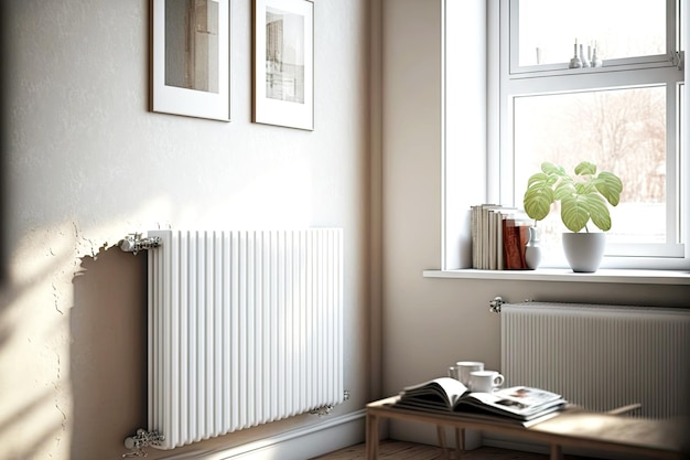 Radiateur de chauffage blanc sur mur beige près de la fenêtre et de la petite table