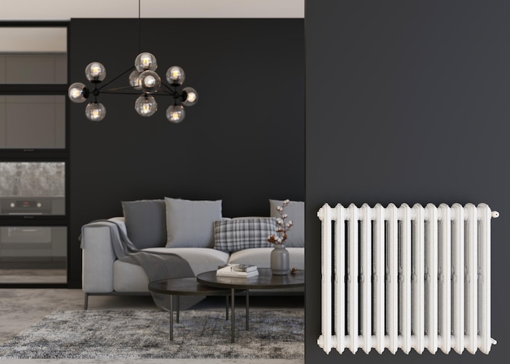 Photo radiateur de chauffage blanc sur mur noir dans une chambre moderne intérieur de la maison système de chauffage central le chauffage devient plus cher crise énergétique rendu 3d
