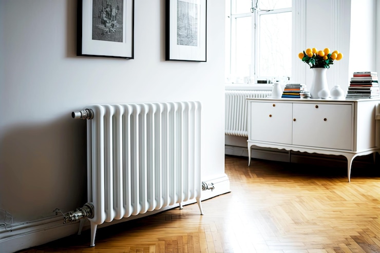 Photo radiateur de chauffage blanc sur parquet près de la petite table basse