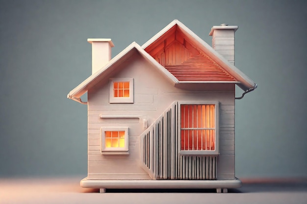 Radiateur de chauffage domestique sous la forme d'une maison sur un fond gris rendu 3D