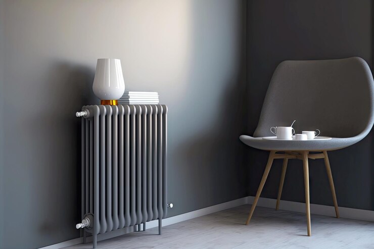Photo radiateur de chauffage gris situé sur un mur gris près d'une petite table