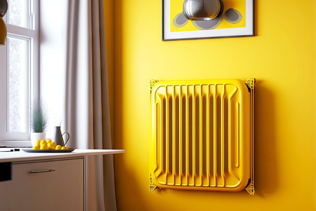 Photo radiateur de chauffage jaune métallisé au design rétro