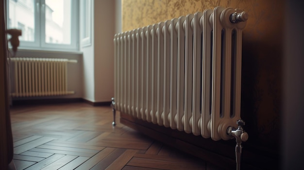 Un radiateur dans une pièce avec du papier peint jaune.