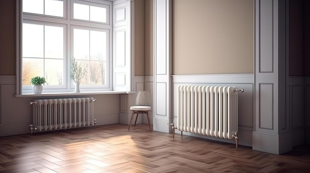 un radiateur est vu dans une pièce vide dans le style d'une finition brillante