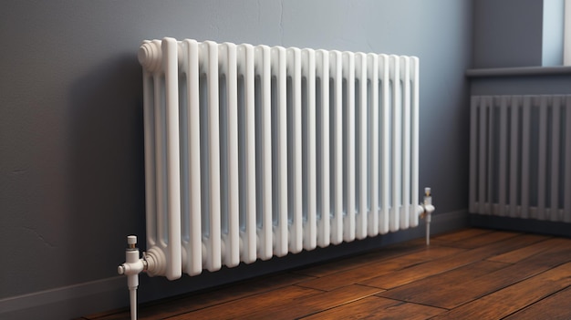 Un radiateur avec des tuyaux blancs sur le mur