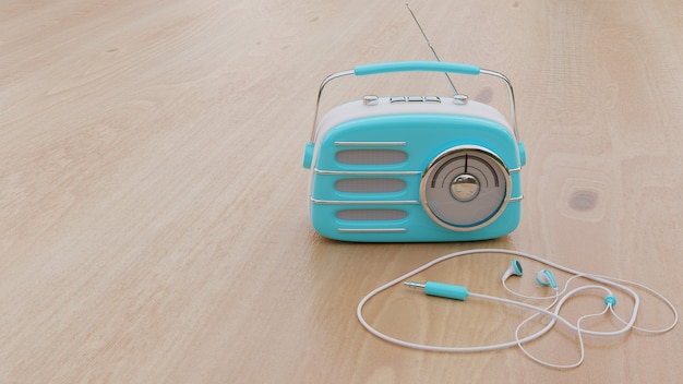 Radio classique bleue et écouteurs sur planche de bois