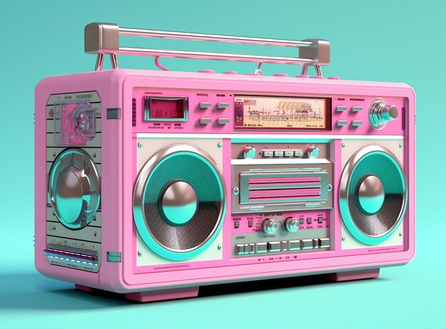 une radio rose avec un fond rose et bleu.