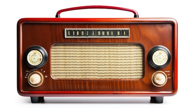 une radio vintage avec un panier en osier sur le devant.