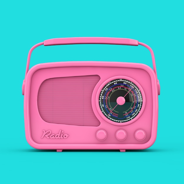 Radio vintage rose en style bichromie sur fond bleu. Rendu 3D