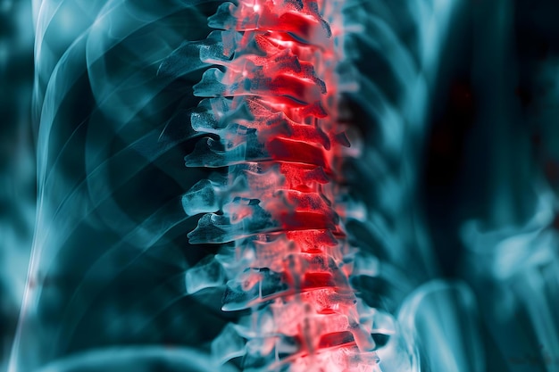 Radiographie de la colonne vertébrale d'une femme avec une couverture rouge montrant l'inflammation et la tension musculaire mettant en évidence une blessure sportive Concept Radiographie de l'épine dorsale Inflammation Couverture musculaire Tension sportive Blessure Diagnosis médical