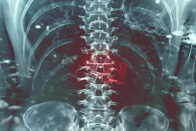 Radiographie d'une colonne vertébrale d'un homme mettant en évidence une blessure sportive avec une superposition rouge montrant l'inflammation et la tension musculaire Concept illustration médicale Lésion sportive Radiographie de l'imagerie de la colonne vertexulaire