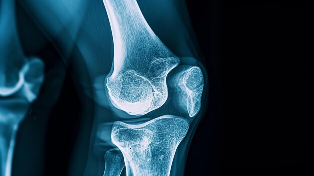 Photo radiographie du genou montrant les os et les ligaments de la rotule, du fémur, du tibia et du fibule