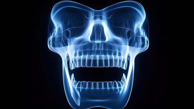 Photo radiographie du ton bleu des dents humaines sur fond sombre diagnostic pour l'examen dentaire