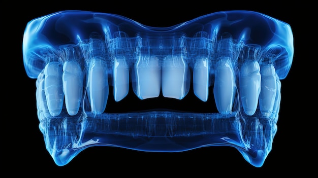 Photo radiographie du ton bleu des dents humaines sur fond sombre diagnostic pour l'examen dentaire