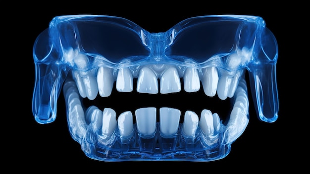 Photo radiographie du ton bleu des dents humaines sur fond sombre diagnostic pour l'examen dentaire