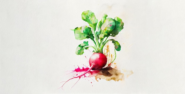 Un radis. Aquarelle sur fond de papier blanc. Illustration des légumes et des verts