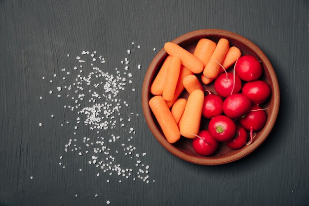 Radis et carottes frais sur une assiette