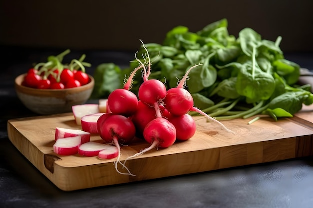 Radis rouge frais sur planche à découper en bois