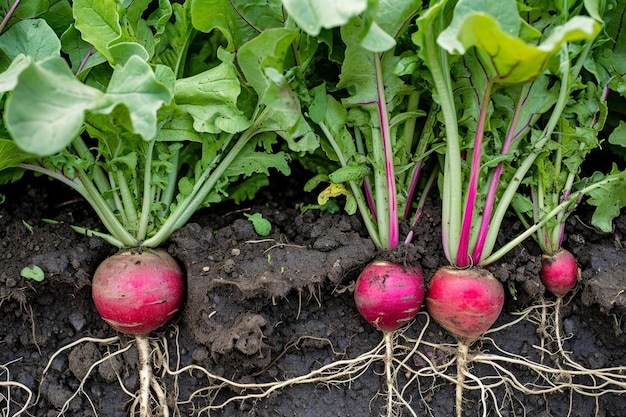 Radis rouge avec des racines souterraines