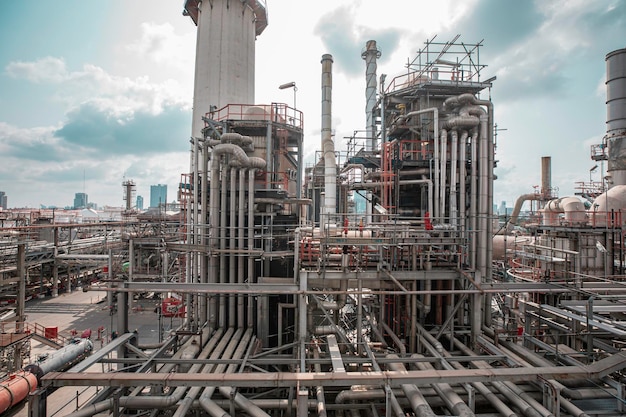 Raffinerie de pétrole et colonne d'usine et de tour de l'industrie pétrochimique dans le gaz pétrolier