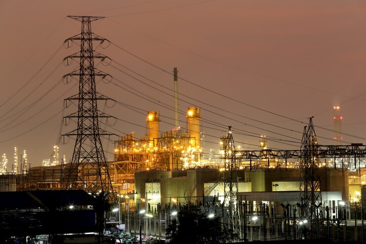 Raffinerie de pétrole dans la soirée.