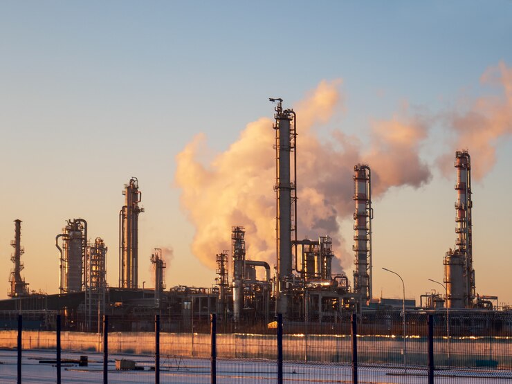 Photo raffinerie de pétrole derrière la clôture le soir au coucher du soleil.