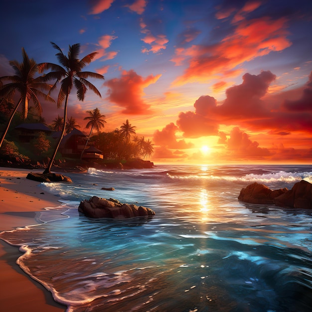 Rafraîchissant esthétique vue sur la plage tropicale du coucher du soleil dans l'eau de mer de sable de plage qui coule