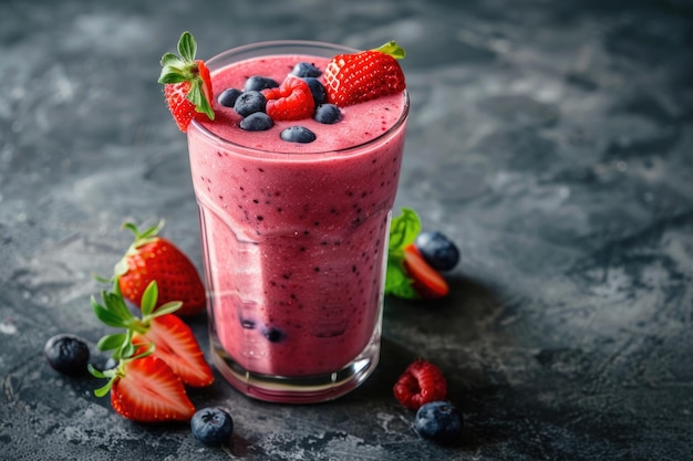 Un rafraîchissant smoothie de fraises et de bleuets fait maison dans un grand verre avec du yogourt et des baies