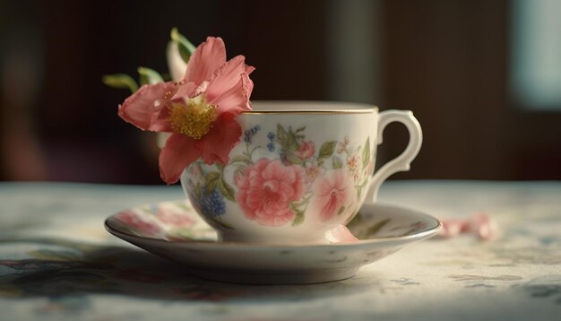 Rafraîchissement de boisson chaude sur table en bois avec décoration florale élégante générée par l'intelligence artificielle