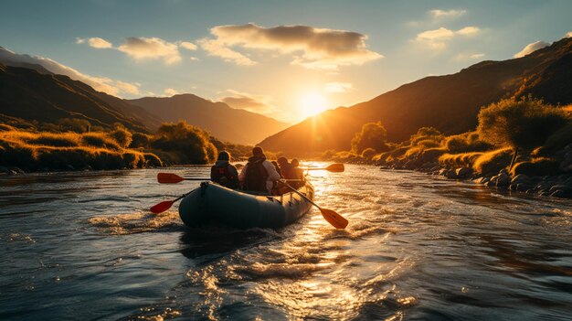 Photo rafting sur fond de coucher de soleil