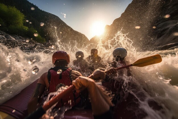 Photo rafting sur une rivière de montagne rapide et puissante ia générative