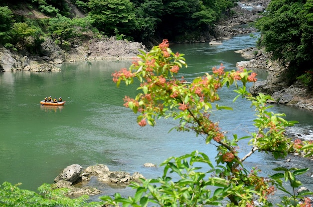 Rafting voyageur en canot pneumatique gonflable sur la rivière Hozugawa entre Arashiyama et Kameoka le 12 juillet 2015 à Kyoto au Japon