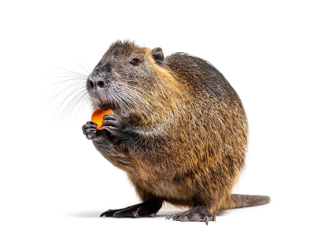 Photo ragondin mangeant une carotte sur ses pattes postérieures myocastor coypus