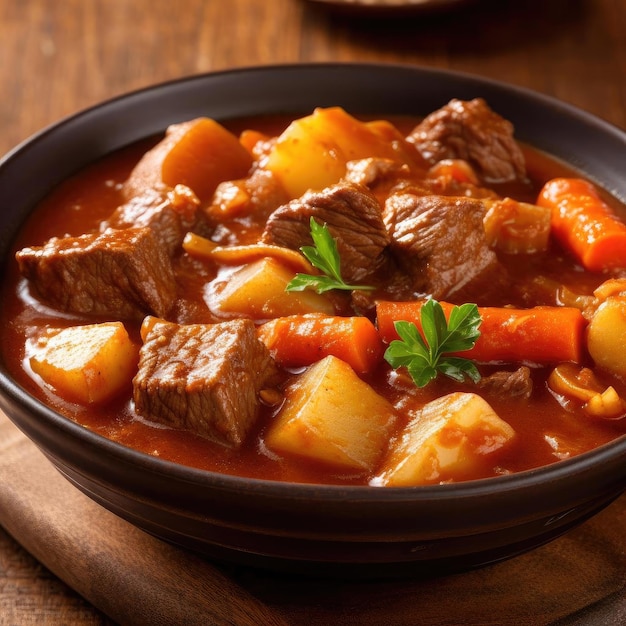 Ragoût de bœuf avec carotte et pommes de terre dans un bol sur fond de bois