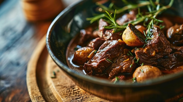 Photo ragoût de bourgogne de bœuf dans une poêle en fonte garni d'herbes avec du pain et des légumes verts frais en arrière-plan