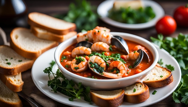 Ragoût de fruits de mer Cioppino avec des toasts de Gremolata