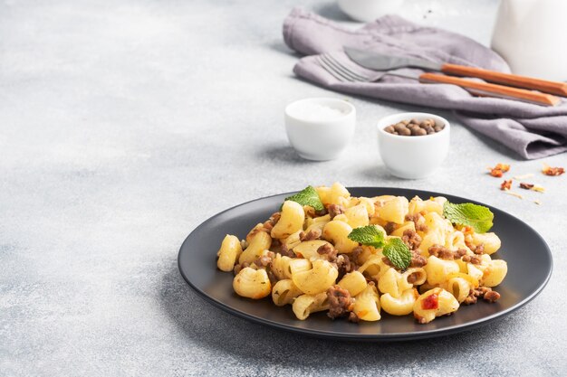 Ragoût de pâtes au bœuf haché et légumes, macaroni à la marine sur une assiette. béton gris