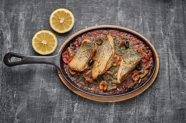 Ragoût de perche à la sauce tomate, servir des plats à la provençale, dans une casserole.