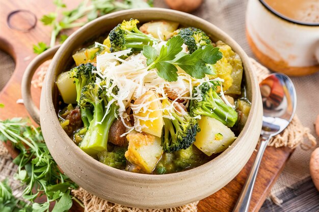 Ragoût de pommes de terre au brocoli avec des herbes et du parmesan