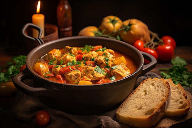 Photo un ragoût de poulet avec du pain et des tomates capturé