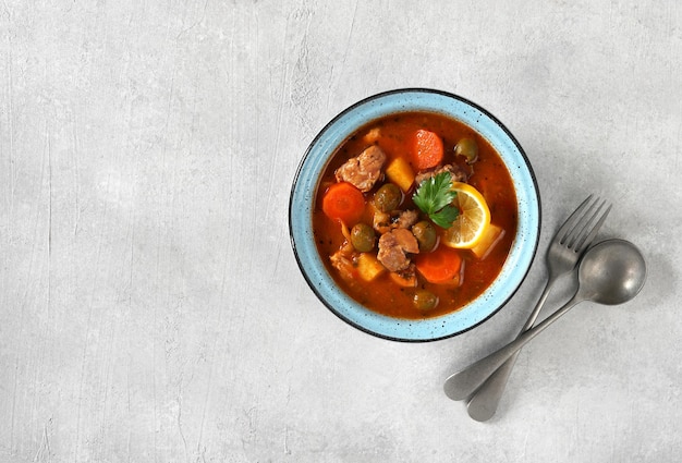 Ragoût de poulet fait maison pollo guisado avec tomates, oignons, carottes, olives et pommes de terre sur l'espace de copie de la vue de dessus de la plaque