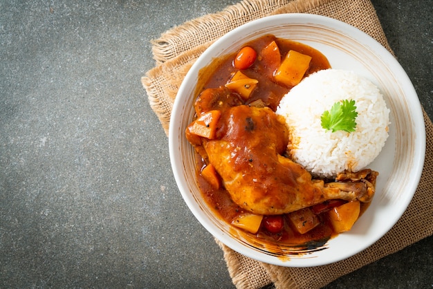 ragoût de poulet maison avec tomates, oignons, carottes et pommes de terre sur assiette avec riz