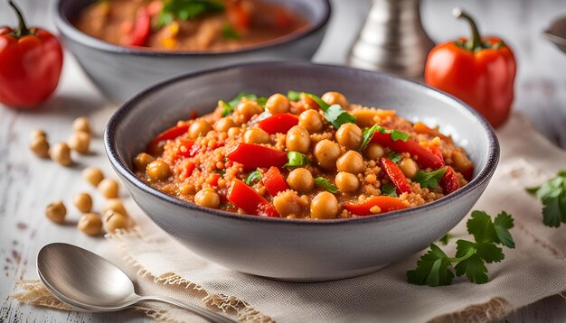Photo ragoût de quinoa avec du paprika fumé espagnol, des poivrons tomates et des pois chiches dans une assiette blanche