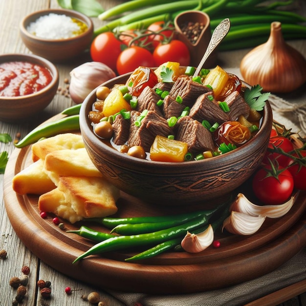 Photo ragoût de viande de bœuf avec des pommes de terre et des légumes hachés sur une assiette en bois